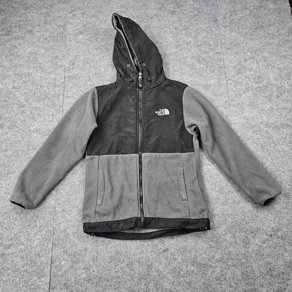 The North Face Fleece Jacket Kids Medium Gray Black Polartec Hooded Full Zip Boy - Picture 1 of 8
